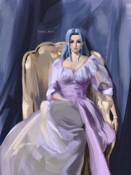 1girl absurdres blue_eyes blue_hair bracelet closed_mouth commentary dress earrings highres jewelry long_hair necklace nefertari_vivi one_piece puffy_sleeves sidelocks sitting sketch smile stupidtako