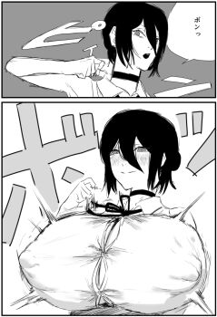 1girl black_choker blush breasts bursting_breasts button_gap chainsaw_man choker cleavage closed_mouth commentary_request covered_erect_nipples greyscale hair_between_eyes hair_bun highres huge_breasts kesuga_(re_riyo) monochrome reze_(chainsaw_man) smile solo speech_bubble