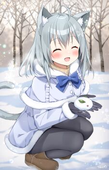 1girl :d ^_^ animal_ears bare_tree black_gloves black_pantyhose blue_capelet blue_coat boots brown_boots capelet cat_ears cat_girl cat_tail closed_eyes coat commentary commission full_body fur-trimmed_capelet fur-trimmed_coat fur_trim gloves grey_hair highres hood hooded_capelet long_sleeves looking_at_viewer medium_hair open_mouth original pantyhose skeb_commission smile snow snow_rabbit snowflakes squatting tail tobio_illust tree winter