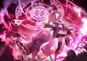 Rule 34 | 2girls, :d, asymmetrical pants, black boots, black hair, black pants, black skirt, black thighhighs, blonde hair, boots, cape, chaton (stella sora), cover, fang, game cg, garter straps, gluteal fold, golem, grey eyes, gun, high ponytail, highres, holding, holding gun, holding weapon, kasimira (stella sora), long hair, looking at another, microskirt, multiple girls, non-web source, official art, open mouth, pants, ponytail, running, scope, single garter strap, skirt, smile, stella sora, thighhighs, twintails, weapon, white cape