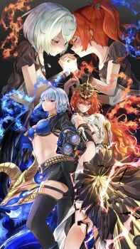 2girls absurdres age_comparison aiming ancient_greek_clothes arm_armor armor augusta_(wuthering_waves) black_shorts black_thighhighs blue_bra bra breastplate breasts chimera_(wuthering_waves) commentary_request dress electricity greatsword greco-roman_clothes grey_hair gun headgear highres holding holding_gun holding_hands holding_sword holding_weapon iuno_(wuthering_waves) large_breasts long_hair medium_breasts multiple_girls navel orange_hair shorts stomach sword syka_ww tacet_discord_(wuthering_waves) thigh_strap thighhighs underwear weapon white_dress wuthering_waves