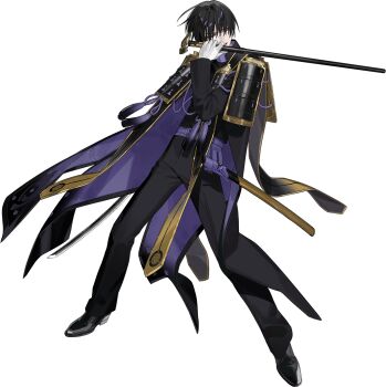 1boy armor asymmetrical_dual_wielding atakigiri_(touken_ranbu) belt black_coat black_hair black_scarf black_shirt black_shoes buttons cane coat coattails collar dress_shoes dual_wielding fighting_stance floating_clothes full_body furrowed_brow gloves gold_trim gradient_scarf hair_over_eyes high_collar highres holding holding_cane holding_sword holding_weapon itefu japanese_armor katana long_coat long_sleeves looking_to_the_side male_focus multicolored_coat official_art open_clothes open_coat open_mouth pale_skin pauldrons print_coat print_scarf purple_belt purple_coat purple_collar purple_eyes purple_rope rope scabbard scarf serious sheath shirt shoes short_hair shoulder_armor sode solo standing stole sword tachi-e tailcoat tassel third-party_source touken_ranbu transparent_background two-tone_coat uchigatana unsheathed variant_set weapon white_gloves yellow_scarf