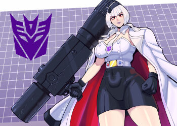 1girl black_gloves black_hat bob_cut butter_sugoi coat coat_on_shoulders commentary decepticon detached_collar gloves gun hat high-waist_skirt highres holding holding_gun holding_weapon humanization kotobukiya_bishoujo megatron megatron_(kotobukiya_bishoujo) miniskirt neckerchief pencil_skirt red_eyes shirt short_hair signature skirt solo strapless strapless_shirt taut_clothes taut_shirt transformers two-sided_coat two-sided_fabric weapon white_coat white_hair white_neckerchief