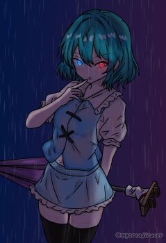 1girl blue_eyes blue_hair blue_skirt blue_vest commentary_request cross-laced_clothes frilled_skirt frills glowing glowing_eyes gradient_background heterochromia highres holding holding_umbrella looking_at_viewer myorenjiracer purple_umbrella rain red_eyes shirt short_hair short_sleeves skirt solo tatara_kogasa tongue tongue_out touhou umbrella vest white_shirt
