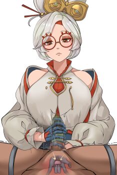 1boy 1girl absurdres amazon_position anal_fingering black_gloves breasts censored closed_mouth coat commentary_request condom condom_on_penis expressionless eye_mask eyeshadow female_fingering_male femdom fingering fingering_from_behind gloved_handjob gloves grey_hair hair_ornament hair_stick hana-ko_(kahun9893) handjob hetero highres large_breasts looking_down makeup mask mask_on_head milking_handjob mosaic_censoring motion_blur motion_lines nintendo penis prostate_milking purah red-framed_eyewear red_eyes red_eyeshadow restrained round_eyewear shirt short_hair sleeveless sleeveless_shirt spread_legs the_legend_of_zelda the_legend_of_zelda:_tears_of_the_kingdom trembling updo white_background white_coat white_shirt x-ray