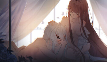 2girls absurdres bed bird breasts canopy_bed closed_eyes closed_mouth commentary_request counter:side hand_on_another&#039;s_head hickey highres incest large_breasts long_hair medium_breasts multiple_girls nanahara_chifuyu nanahara_chinatsu nude on_bed purple_hair shirt siblings sisters smile twitter_username white_hair white_shirt yorururu yuri