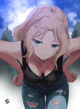 Rule 34 | 1girl, black skirt, blonde hair, blue eyes, blue sky, breasts, collarbone, denim, feet out of frame, girls und panzer, highres, jeans, kainushi, kay (girls und panzer), large breasts, long hair, long sleeves, looking at viewer, outdoors, pants, skirt, sky, smile, solo, standing, tree
