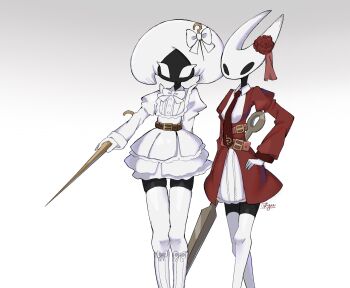 Rule 34 | 17hornet77987, 2girls, adapted costume, alternate costume, arm behind back, arthropod girl, belt, black eyes, black skin, blank eyes, bow, bowtie, brown belt, colored skin, dress, gloves, gradient background, grey background, hand on own hip, hat, hat bow, highres, holding, holding weapon, hollow eyes, hollow knight, hollow knight: silksong, horned mask, hornet (hollow knight), horns, lace (hollow knight), long sleeves, mask, multiple girls, necktie, needle (hollow knight), pin (hollow knight), red belt, red necktie, simple background, skirt, thighhighs, weapon, white background, white bow, white bowtie, white dress, white eyes, white gloves, white hat, white mask, white skirt