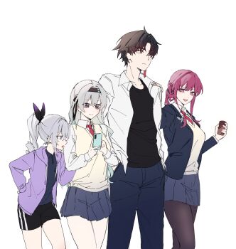 1boy 2jjeom 3girls alternate_costume alternate_hair_length alternate_hairstyle black_hair black_hairband black_pantyhose black_ribbon black_shorts black_tank_top blade_(honkai:_star_rail) blue_jacket blue_pants blue_shirt blue_skirt blush breasts butterfly_pin buttons can cellphone closed_mouth coffee collared_shirt commentary_request cowboy_shot crossed_bangs drill_hair drill_ponytail earclip earrings empty_eyes firefly_(honkai:_star_rail) grey_eyes grey_hair hair_between_eyes hair_over_one_eye hairband half-closed_eyes hand_on_another's_shoulder hand_on_own_hip hands_up high_ponytail highres holding holding_can holding_phone honkai:_star_rail honkai_(series) hood hoodie jacket jewelry kafka_(honkai:_star_rail) korean_commentary lapels large_breasts long_hair long_sleeves looking_at_another looking_down looking_to_the_side low_ponytail medium_breasts miniskirt multiple_girls necktie open_clothes open_hoodie open_jacket open_mouth open_shirt pants pantyhose phone pink_eyes pleated_skirt ponytail puffy_long_sleeves puffy_sleeves purple_eyes purple_hair purple_hoodie red_eyes red_necktie ribbon shirt short_hair short_shorts shorts sidelocks silver_wolf_(honkai:_star_rail) simple_background single_earring skirt smartphone smile standing stellaron_hunters_(honkai:_star_rail) sweater_vest tank_top white_background white_shirt yellow_sweater_vest
