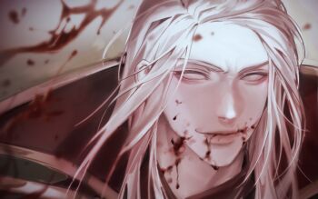 1boy blood blood_on_face cashaixx closed_mouth commentary_request gradient_background grey_hair highres korean_commentary league_of_legends long_hair male_focus portrait smile solo vladimir_(league_of_legends) white_hair