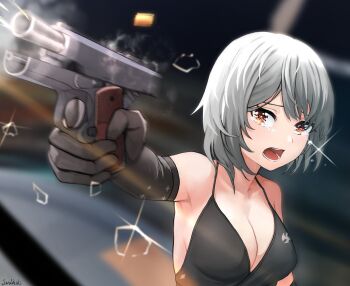 1girl aiming armpits black_dress black_gloves blurry blurry_background breasts broken_glass cleavage crying dress elbow_gloves firing glass gloves grey_hair gun halterneck handgun highres holding holding_weapon junshiki open_mouth orange_eyes original short_hair signature smoke solo spaghetti_strap sparkle strap tearing_up tears weapon
