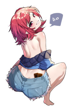 Rule 34 | 1girl, absurdres, ass, bare back, bare shoulders, barefoot, blonde hair, blue jacket, blue shorts, card, chakkab, commentary request, denim, denim shorts, eyelashes, full body, highres, jacket, looking at viewer, looking back, medium hair, multicolored hair, off shoulder, original, pointy ears, red eyes, red hair, shorts, simple background, smile, solo, speech bubble, squatting, teeth, torn clothes, torn shorts, two-tone hair, white background