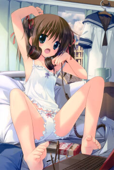 1girl :o absurdres arm_up armpits barefoot bed blouse blue_eyes blush bow bow_panties brown_hair cable camisole child cloud computer crumbs cup desk drape feet female_focus flat_chest food frilled_panties frills gotou_nao hair_ribbon headphones headphones_around_neck highres indoors laptop lingerie long_hair looking_at_viewer mug open_mouth original panties pillow pocky ribbon school_uniform serafuku short_hair sitting sky soles solo sony spread_legs toes twintails underwear underwear_only unworn_blouse white_panties window yawning