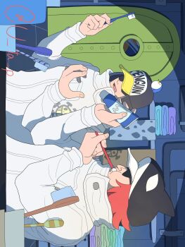 Rule 34 | 2boys, brushing teeth, commentary request, hat, highres, holding, holding toothbrush, indoors, jumpsuit, male focus, multiple boys, one piece, penguin (one piece), red hair, shachi (one piece), short hair, sunglasses, toothbrush, twitter username, u ta p, upper body, white jumpsuit