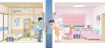 1boy 1girl after_shower bag bed black_hair bookshelf breast_slip breasts breasts_out brown_hair building calendar_(object) chair clock cross-section desk disney dropping flashing house indoors kiyo_(kyokyo1220) naked_towel notebook office_chair original ponytail pooh poster_(object) room school_bag stuffed_animal stuffed_toy surprised swivel_chair tatami throwing towel towel_slip winnie_the_pooh