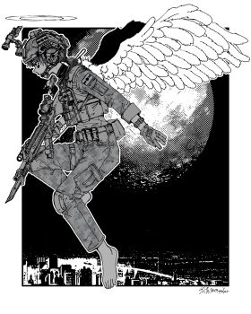 Rule 34 | 1girl, absurdres, angel, angel wings, assault rifle, barefoot, bayonet, border, cityscape, combat helmet, emblem, flying, gun, halo, helmet, highres, holding, holding weapon, knee pads, low ponytail, m4 carbine, military combat uniform, military uniform, moon, night, night vision device, original, ponytail, rifle, signature, solo, taida, twitter username, weapon, white border, wings