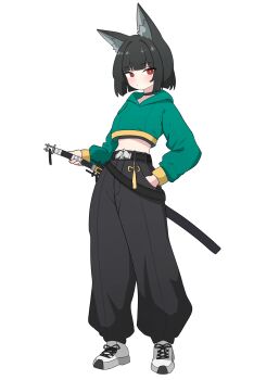 Rule 34 | 1girl, absurdres, adapted costume, alternate hair length, alternate hairstyle, animal ear fluff, animal ears, arutemisu180, baggy pants, belt, belt buckle, black hair, black pants, blunt bangs, buckle, closed mouth, commentary, cropped sweater, dot mouth, expressionless, fox ears, fox girl, full body, green hoodie, hand in pocket, highres, holding, holding weapon, hood, hood down, hooded sweater, hoodie, hoshimi miyabi, looking at viewer, midriff, pants, red eyes, sheath, sheathed, shoes, short hair, sneakers, solo, sweater, weapon, white background, white shoes, zenless zone zero