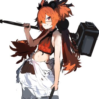 1girl absurdres ahoge animal_ear_hairband animal_ears bare_shoulders bear_ear_hairband bear_ears bright_pupils cowboy_shot crop_top eyepatch fake_animal_ears flame_print grin hair_ornament hairband hammer highres holding holding_hammer holding_weapon jumpsuit jumpsuit_around_waist katata koleda_belobog long_hair midriff navel over_shoulder pants red_eyes red_hair sharp_teeth simple_background smile solo sphere_hair_ornament teeth twintails v-shaped_eyebrows weapon weapon_over_shoulder white_background white_pants white_pupils zenless_zone_zero