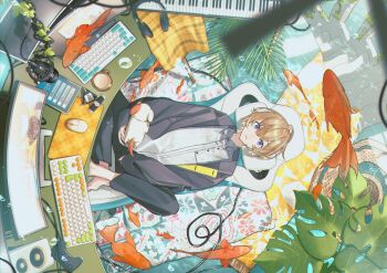 1boy :o absurdres animal animal_on_lap baby_animal barefoot black_jacket black_pants blonde_hair blue_eyes blurry blurry_foreground chair commentary_request computer_keyboard computer_mouse controller crossed_ankles desk dog food from_above full_body fura_kanato fura_kanato_(3rd_costume) gaming_chair highres indian_style instrument jacket jisshu keyboard_(instrument) kiironoko_(fura_kanato) koi looking_at_viewer looking_up male_focus microphone monitor mousepad_(object) nijisanji on_lap onigiri pants plant puppy rotated shirt sitting solo speaker swivel_chair virtual_youtuber white_shirt