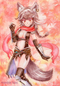 1girl absurdres animal_ear_piercing animal_ears armor armored_boots assassin_cross_(ragnarok_online) black_gloves black_leotard black_thighhighs blush boots breasts brown_hair closed_mouth commentary commission earrings elbow_gloves english_commentary feet_out_of_frame gloves highres horrible_(1312777) jewelry leaf leotard long_hair looking_at_viewer maple_leaf medium_breasts navel orange_background orange_eyes painting_(medium) pauldrons ragnarok_online red_scarf revealing_clothes scarf shoulder_armor single_earring smile solo standing tail thighhighs torn_clothes torn_scarf traditional_media vambraces watercolor_(medium) wolf_ears wolf_girl wolf_tail