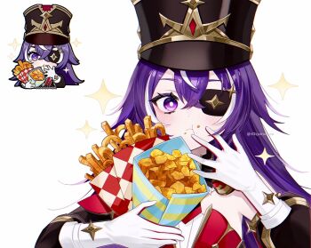 1girl :t black_hat blush bright_pupils chevreuse_(genshin_impact) closed_mouth commentary_request crumbs eating eyepatch food food_on_face french_fries genshin_impact genshin_impact_sticker_redraw_(meme) gloves hat holding holding_food long_hair looking_at_viewer meme multicolored_hair purple_eyes purple_hair shako_cap star_(symbol) streaked_hair syarou twitter_username two-tone_hair white_background white_gloves white_hair white_pupils