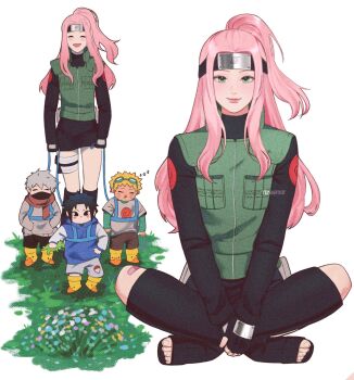 1girl 3boys aged_down alternate_costume alternate_hairstyle artist_name bandaged_leg bandages black_boots black_eyes black_hair black_headband black_mask black_shirt black_shorts black_skirt blonde_hair blue_hoodie blush_stickers boots brown_shorts child closed_eyes closed_mouth facial_mark film_grain flower full_body goggles goggles_on_head green_eyes green_sleeves green_vest grey_hair grey_shirt grey_sweater half_updo hands_in_pockets hands_on_own_legs haruno_sakura hatake_kakashi headband high_ponytail highres holding holding_leash holding_toy hood hoodie indian_style knee_boots konohagakure_shinobi_uniform konohagakure_symbol layered_sleeves leash light_smile long_hair long_sleeves looking_at_viewer mask mouth_mask multiple_boys multiple_views naruto_(series) on_grass open-toe_boots open_mouth pink_hair ponytail red_scarf rubber_boots scarf shirt short_over_long_sleeves short_sleeves shorts sitting skirt smile spiked_hair sweater team_7_(naruto) tenartistt toy toy_dinosaur turtleneck two-tone_hoodie uchiha_sasuke uchiha_symbol uzumaki_naruto vest walking watermark whisker_markings white_background white_shorts white_sleeves yellow_boots zzz