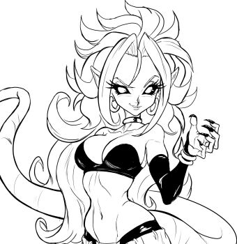 android_21 bare_shoulders black_sclera bra breasts choker cleavage cleft_of_venus colored_sclera detached_sleeves dragon_ball earrings highres hoop_earrings jewelry large_breasts majin_android_21 messy_hair midriff navel pointy_ears sketch tail teevo underwear