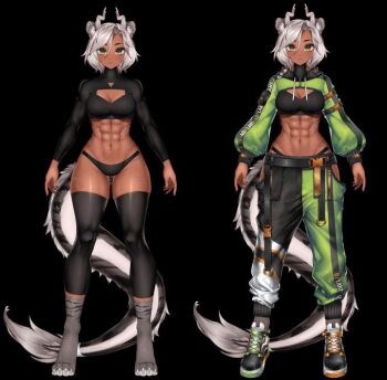 abs animal_ears animal_hands breasts cleavage_cutout clothing_cutout dark-skinned_female dark_skin full_body horns indie_virtual_youtuber jacket large_breasts model_sheet muscular muscular_female pants sansin_jin scar sharp_toenails shoes sneakers sportswear toenails virtual_youtuber white_hair