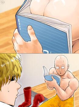 2boys bait_and_switch bald black_sclera blonde_hair boobs_in_book_(meme) book boots colored_sclera devovas genos highres holding holding_book looking_at_another male_focus meme multiple_boys muscular muscular_male nervous_sweating one-punch_man open_mouth pants saitama_(one-punch_man) sweat sweatdrop topless_male yellow_eyes yellow_pants