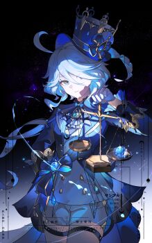 1girl absurdres ahoge ascot balance_scale black_ascot blue_eyes blue_gem blue_hair blue_hat commentary cowlick crackingtaro furina_(genshin_impact) furrowed_brow gem genshin_impact gloves gold_trim gradient_background hat highres hydro_symbol_(genshin_impact) light_blue_hair light_particles long_bangs long_hair looking_at_viewer md5_mismatch resolution_mismatch shorts solo source_larger swept_bangs top_hat weighing_scale white_gloves white_shorts