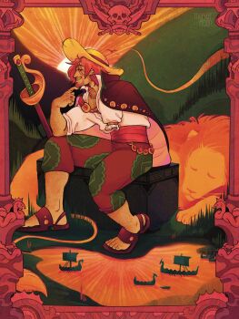 1boy amputee arm_hair artist_name belt black_coat box chest_hair coat crossed_swords earrings facial_hair finger_to_own_chin from_side goatee_stubble highres hill jewelry jolly_roger leg_hair lion lion_mane lion_tail longship male_focus missing_limb multiple_rings norse on_box one_piece pillar planted planted_sword planted_weapon red_belt red_hair red_sash ring sandals sash scar scar_across_eye scar_on_face sea_serpent seashell shell ship shirt short_hair simple_bird sitting sitting_on_box skull skull_and_crossed_swords sleeping smile solo stubble sunrise sword tail trickstermelon watercraft weapon white_shirt