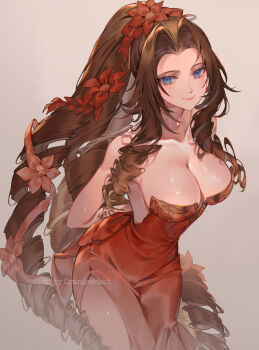 Rule 34 | 1girl, aerith gainsborough, aerith gainsborough (red dress), artist name, bare shoulders, blue eyes, breasts, brown hair, cleavage, collarbone, cowboy shot, dress, final fantasy, final fantasy vii, final fantasy vii rebirth, final fantasy vii remake, flower, hair flower, hair ornament, highres, large breasts, long hair, looking at viewer, orange sekaii, red dress, simple background, smile, solo, very long hair, wall market