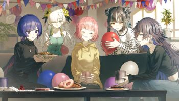 5girls ^_^ balloon black_hair black_pants black_pantyhose black_sweater blue_eyes blue_hair blue_pants card closed_eyes closed_mouth commentary_request cookie couch cup dice donut double_bun fagi_(kakikaki) flower food green_overalls grey_eyes grin hair_bun hair_flower hair_ornament hair_over_one_eye harusaruhi highres holding holding_balloon holding_cup holding_food holding_plate hood hoodie indoors isekaijoucho jewelry kaf_(kamitsubaki_studio) kamitsubaki_studio koko_(kamitsubaki_studio) long_hair looking_at_another multicolored_hair multiple_girls necklace official_art on_couch overalls pants pantyhose pink_hair plant plate playing_card potted_plant red_hair rim_(kamitsubaki_studio) short_hair short_hair_with_long_locks sitting smile streaked_hair string_of_flags sweater table two-tone_hair virtual_youtuber white_hair white_sweater yellow_eyes yellow_flower yellow_hoodie