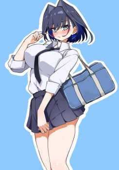 1girl :t alternate_costume bag bare_legs black_hair black_necktie black_skirt blue_background blue_eyes blue_hair blush bow bow_earrings breasts colored_inner_hair commentary earrings english_commentary hair_between_eyes hair_intakes hand_up hololive hololive_english jewelry large_breasts looking_at_viewer manab_(manab101) miniskirt multicolored_hair necktie ouro_kronii outline pleated_skirt pout school_bag school_uniform shirt simple_background skirt sleeves_rolled_up solo twirling_hair two-tone_hair virtual_youtuber white_outline white_shirt