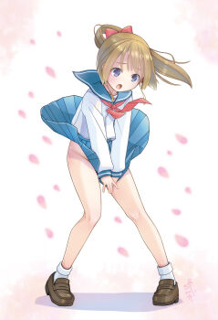 1girl :o absurdres ankle_socks artist_name blouse blue_eyes blue_sailor_collar blush bow brown_hair cherry_blossoms dot_nose embarrassed hair_bow highres loafers long_sleeves necktie no_panties open_mouth original parted_bangs pleated_skirt ponytail pop_(electromagneticwave) red_bow red_necktie sailor_collar school_uniform serafuku shirt shoes signature simple_background skirt skirt_tug socks solo white_background white_shirt white_socks wind wind_lift