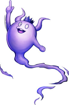 &gt;_o arm_up commentary_request crown full_body ghost horns index_finger_raised komatsuzaki_rui looking_at_viewer master_detective_archives:_rain_code no_humans official_art one_eye_closed open_mouth second-party_source shinigami_(ghost)_(rain_code) shinigami_(rain_code) simple_background smile solo white_background