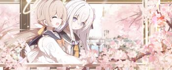 2girls absurdres ascot azusa_(blue_archive) black_sailor_collar blonde_hair blue_archive blue_sailor_collar blush bow bowtie chamoraile closed_eyes commentary_request crossed_bangs from_side grey_hair hair_between_eyes hair_flaps halo hifumi_(blue_archive) highres long_hair long_sleeves looking_at_another low_twintails multiple_girls open_mouth orange_bow orange_bowtie outdoors petals pink_petals purple_eyes sailor_collar shirt sidelocks teeth trinity_general_school_logo twintails upper_body upper_teeth_only white_shirt yellow_ascot yellow_halo