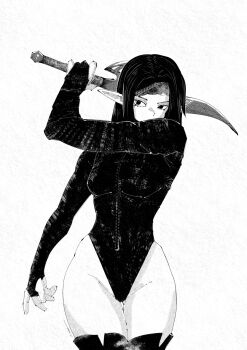 1girl arm_up breasts commentary cowboy_shot elf english_commentary full-length_zipper greyscale groin headband highleg highleg_leotard highres holding holding_sword holding_weapon leotard long_hair long_sleeves looking_at_viewer miregeist monochrome original parted_hair pointy_ears simple_background small_breasts solo sword thighs weapon white_background zipper zipper_leotard