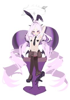 1girl absurdly_long_hair absurdres ahoge animal_ears arm_behind_head armband armpits black_necktie black_pantyhose blue_archive blush breasts chair crossed_legs dat_(dat14382) demon_girl demon_horns demon_wings detached_collar dot_nose drill_hair fake_animal_ears feet furrowed_brow halo heart_maebari heart_pasties highres hina_(blue_archive) horns loli long_hair low_wings maebari multiple_horns navel necktie on_chair pantyhose parted_bangs pasties purple_eyes purple_shoes rabbit_ears reverse_bunnysuit reverse_outfit shoes simple_background sitting small_breasts toes triangle_mouth twintails very_long_hair white_armband white_background white_hair wings