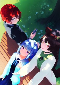 3girls absurdres alternate_costume ange_katrina animal_ears bench beret black_choker black_hat black_jacket blue_cardigan blue_eyes blue_hair blue_serafuku blue_shirt blue_skirt blunt_bangs braid brown_hair brown_tail cardigan cellphone choker closed_mouth collared_dress commentary_request crossed_bangs dappled_sunlight day dog_ears dog_girl dog_tail dress fangs floral_print floral_print_dress flower from_above grass green_dress hair_between_eyes hair_intakes hand_up hat heterochromia highres holding holding_phone inui_toko inui_toko_(summer_casual) jacket jitome leaning_back lize_helesta lize_helesta_(4th_costume) long_hair looking_to_the_side looking_up low_twin_braids medium_hair mikoton multiple_girls nijisanji on_bench one_ear_down open_cardigan open_clothes open_mouth outdoors pendant_choker phone pleated_skirt ponytail print_dress purple_eyes red_eyes red_hair sailor_collar sanbaka_(nijisanji) school_uniform serafuku shade shirt sidelocks sitting skirt sleeves_past_wrists smartphone smile sunlight tail twin_braids virtual_youtuber white_cardigan white_flower white_sailor_collar wooden_bench yellow_eyes