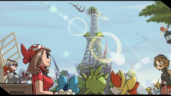 Rule 34 | 1boy, 1girl, 4girls, absurdres, apron, bandana, black bow, black bowtie, black sweater, blonde hair, blue eyes, bonnie (pokemon), bow, bowtie, breasts, brother and sister, brown hair, chespin, clemont (pokemon), coffee, commentary, english commentary, fennekin, fletchling, froakie, gen 6 pokemon, glasses, griselle (pokemon), hat, highres, long hair, lumiose city, may (pokemon), medium breasts, multicolored hair, multiple girls, nintendo, open mouth, otakuman, pokemon, pokemon (anime), pokemon (creature), pokemon journeys, pokemon legends: z-a, pokemon ruby/sapphire/emerald, pokemon x and y, ponytail, prism tower, red hair, serena (pokemon), shirt, siblings, smile, spoilers, sweater, turtleneck, turtleneck sweater, two-tone hair, white-framed eyewear, white hair