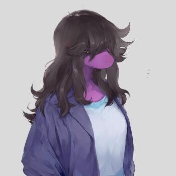 1girl blue_jacket brown_hair colored_skin deltarune furry furry_female grey_background hair_over_eyes jacket long_hair looking_down purple_skin shirt simple_background solo susie_(deltarune) upper_body utdr_(toby_fox) white_shirt yellow_eyes yukiumisaka
