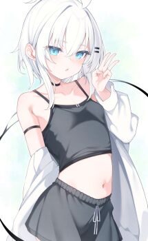 1girl black_camisole black_shorts blue_eyes breasts camisole commentary_request cowboy_shot drawstring hair_ornament hairclip highres jacket long_sleeves looking_at_viewer midriff navel open_mouth original otokuyou paid_reward_available parallel_hairclips puffy_long_sleeves puffy_sleeves ringo-chan_(otokuyou) short_hair short_shorts shorts small_breasts solo white_hair white_jacket