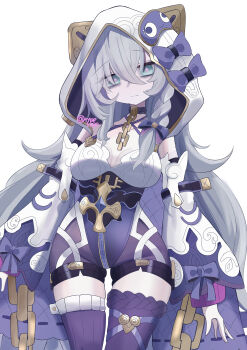 1girl absurdres blue_eyes bodysuit breasts commentary_request detached_sleeves highres honkai_(series) honkai_impact_3rd long_hair looking_at_viewer medium_breasts meme purple_bodysuit purple_thighhighs royo21294110 simple_background solo teri_derp_(meme) theresa_apocalypse theresa_apocalypse_(schicksal&#039;s_imperative) thighhighs thighs very_long_hair white_background white_hair white_hood zipper_pull_tab