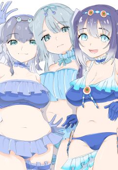 3girls american_manatee_(kemono_friends) bikini blue_eyes blue_hair breasts choker cleavage commentary_request dugong_(kemono_friends) fins frills gloves hair_ornament hair_ribbon head_fins highres kamisamanosaba kemono_friends large_breasts long_hair looking_at_viewer multiple_girls navel ribbon simple_background steller's_sea_cow_(kemono_friends) strapless swimsuit tube_top