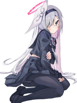 1girl akayama_yukihe ass black_eyes black_hairband black_pantyhose black_sailor_collar black_serafuku black_shirt black_shoes black_skirt blue_archive blunt_bangs blush bow clenched_hand closed_mouth clothes_lift colored_inner_hair commentary frown grey_hair hair_bow hair_over_one_eye hairband halo hand_on_own_arm highres loafers long_bangs long_hair long_sleeves looking_at_viewer midriff_peek miniskirt multicolored_hair neckerchief one_eye_covered panties panties_under_pantyhose pantyhose pink_hair pink_pupils plana_(blue_archive) pleated_skirt red_halo sailor_collar school_uniform serafuku shirt shoes shy sitting skirt skirt_lift solo straight_hair thighs two-tone_hair underwear very_long_hair white_bow white_neckerchief yokozuwari