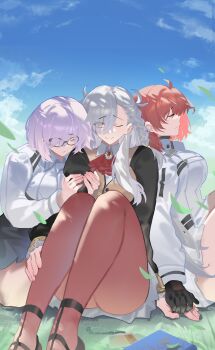 absurdres ahoge ascot black-framed_eyewear black_gloves braid breasts chaldea_uniform closed_eyes command_spell commentary_request dress fate/grand_order fate_(series) fujimaru_ritsuka_(female) fujimaru_ritsuka_(female)_(decisive_battle_chaldea_uniform) gloves grey_hair hair_over_one_eye highres jacket large_breasts long_hair long_sleeves mash_kyrielight mash_kyrielight_(chaldea_uniform) medium_hair multiple_girls nils novum_chaldea olga_marie_animusphere orange_hair pantyhose purple_hair red_ascot red_pantyhose short_hair side_braid smile very_long_hair white_dress white_hair white_jacket yellow_eyes