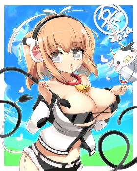 1girl bell belt black_bra black_hairband black_shorts blue_sky blush border bra breasts bucket cleavage cloud commentary_request cow cowbell cowboy_shot dated grey_eyes hairband highres holding holding_paintbrush large_breasts lets0020 looking_at_viewer marvelous medium_hair micro_shorts midriff navel neck_bell off-shoulder_shirt off_shoulder open_mouth outside_border paintbrush pink_hair senran_kagura shirt shorts sidelocks sky smile solo two_side_up underwear ushimaru_(senran_kagura) ushiwakamaru_(senran_kagura) white_belt white_border white_shirt