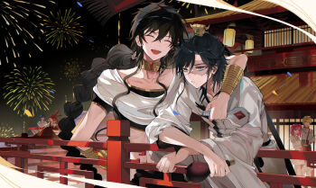 2girls 4boys :d ^_^ absurdres against_railing aladdin_(magi) alibaba_saluja arabian_clothes architecture arm_around_shoulder black_hair blue_eyes blue_hair bottle bracer braid chinese_clothes closed_eyes crop_top east_asian_architecture fireworks hair_ornament hair_rings hanfu highres holding holding_bottle jewelry judal lantern long_hair magi_the_labyrinth_of_magic meng_ziya midriff mole mole_under_mouth morgiana multiple_boys multiple_girls neck_ring night night_sky open_mouth railing red_hair ren_hakuryuu ren_kougyoku scar single_braid sky smile white_hanfu xiao_guan_(headdress)