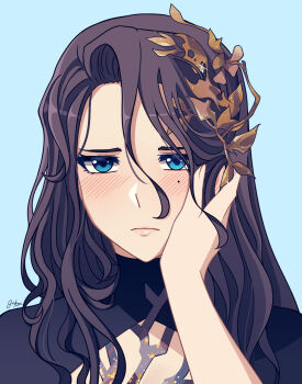 1other artist_name athletic_leotard black_hair black_leotard blue_background blue_eyes blush closed_mouth frown hair_between_eyes hair_ornament half-closed_eyes hand_on_another's_cheek hand_on_another's_face highres jeska_brucker leaf_hair_ornament leotard long_hair looking_at_viewer mole mole_under_eye portrait pov pov_hands reverse:1999 signature solo_focus willow_(reverse:1999)